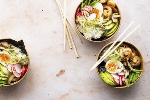 Takeaway egg and prawn bowl